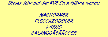 Dieses Jahr auf der KVE Showbhne waren:

















NAHRNER








FLEGGAZODDLER








WIRUS








BALANGGBGGER